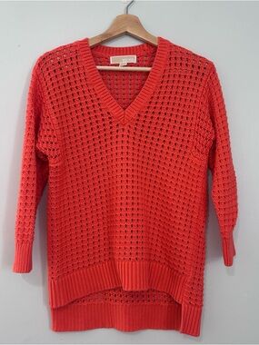 Michael Kors Open-Knit V-Neck Sweater in Red Coral M